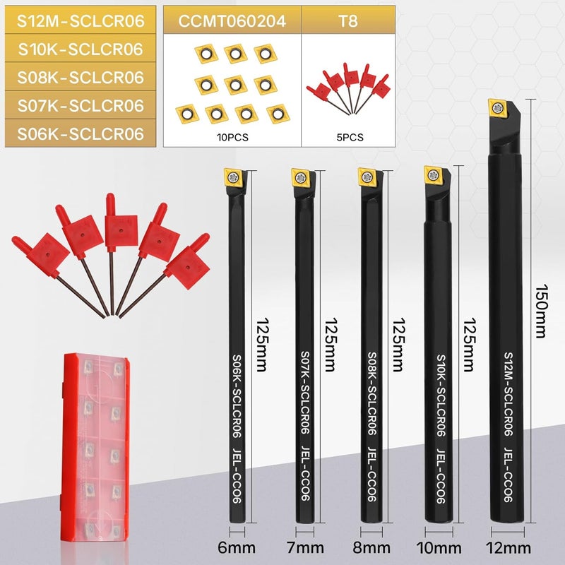 Joogto S06K/S07K/S08K/S10K/S12M-SCLCR06 Indexable Lathe Turning Tool 15Pcs Kit, 5Pcs Metal Lathe Tools Holder Set, with 10Pcs CCM21.51/CCMT060204 Carbide Inserts Turning Inserts Carbide Turning Tool - Image 2